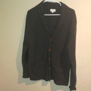 Club Monaco Ribbed Knit Wool Cardigan with Leather Elbow Patches L